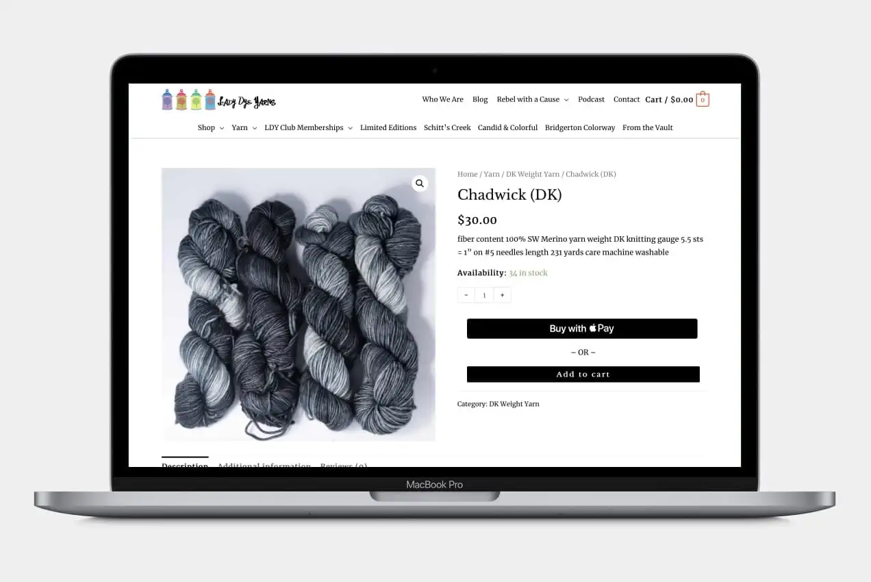 Opções do Apple Pay exibidas em um dos produtos da Lady Dye Yarn