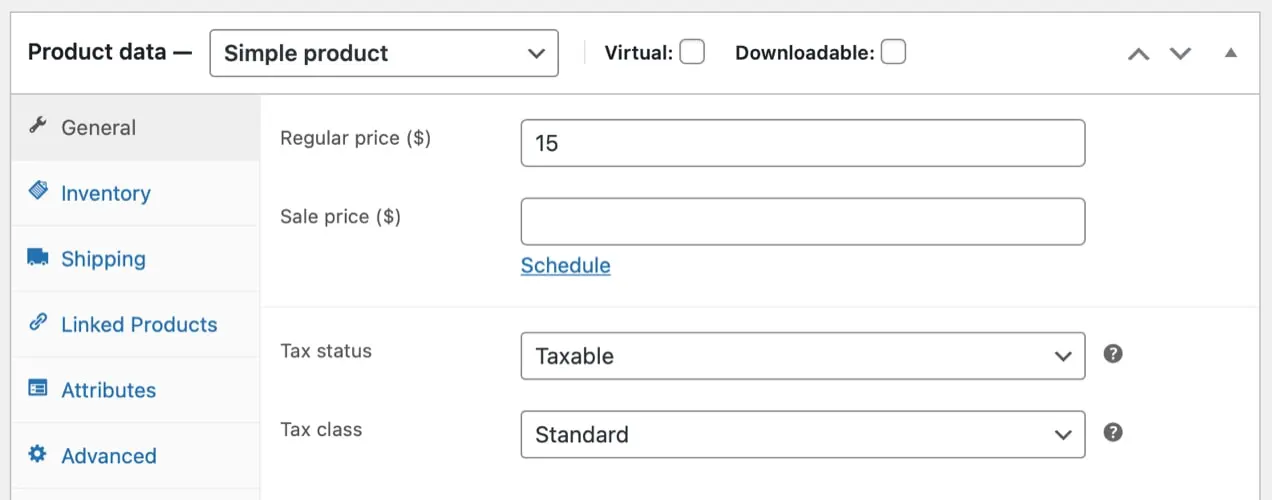 opciones de productos simples en el backend de WooCommerce