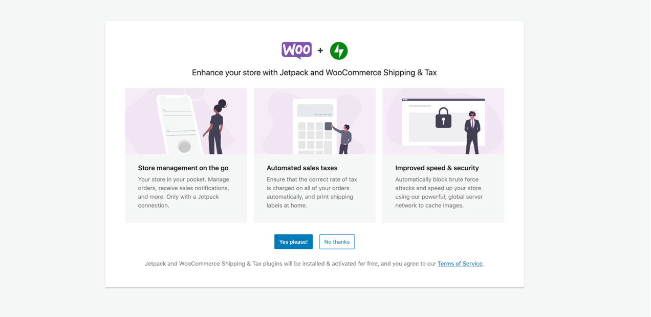 WooCommerce 배송 및 세금을 활성화하도록 요청하는 설정 마법사의 화면