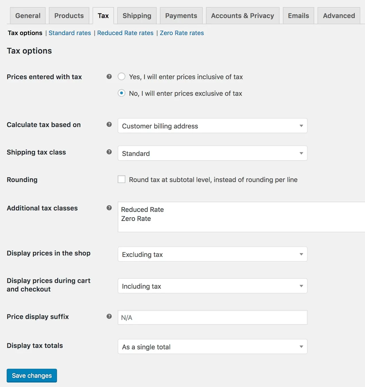 opciones de impuestos en la configuración de WooCommerce