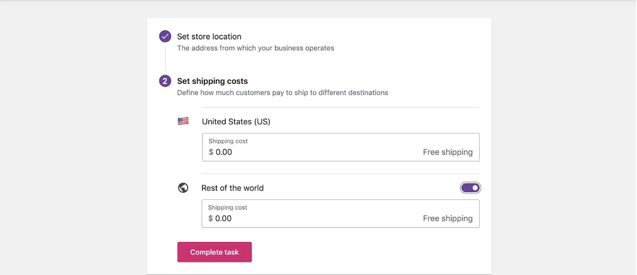 opciones de costo de envío en el asistente de configuración