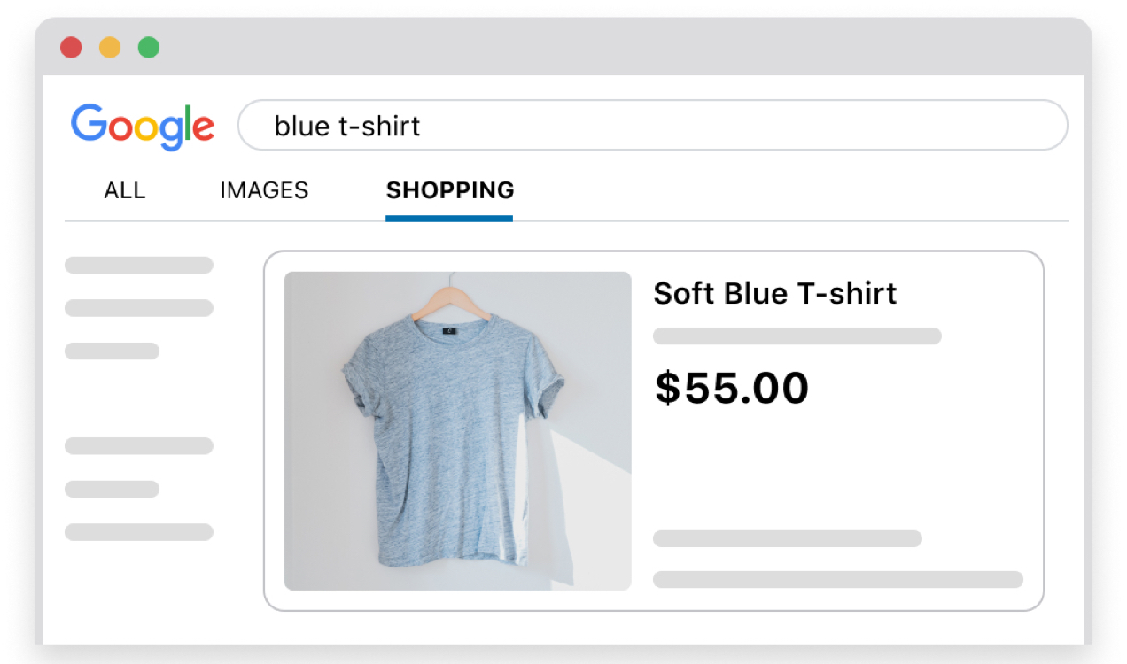 Annonce Google Shopping pour un t-shirt bleu clair