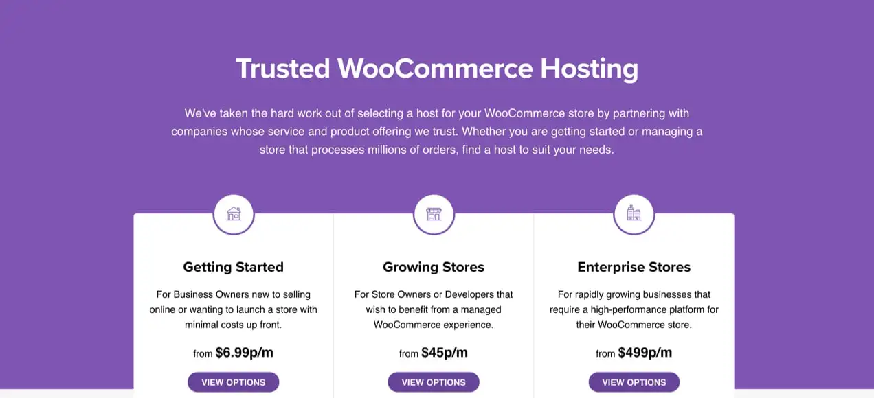 WooCommerce, her büyüklükteki mağaza için öneriler içeren önerilen barındırma sayfası