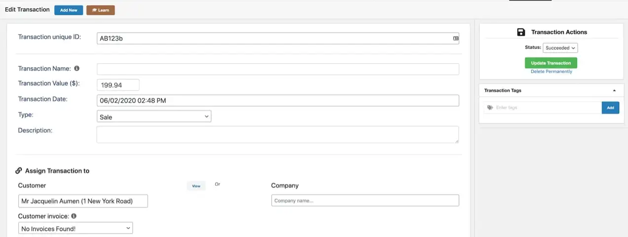 transacción del cliente vista en Jetpack CRM