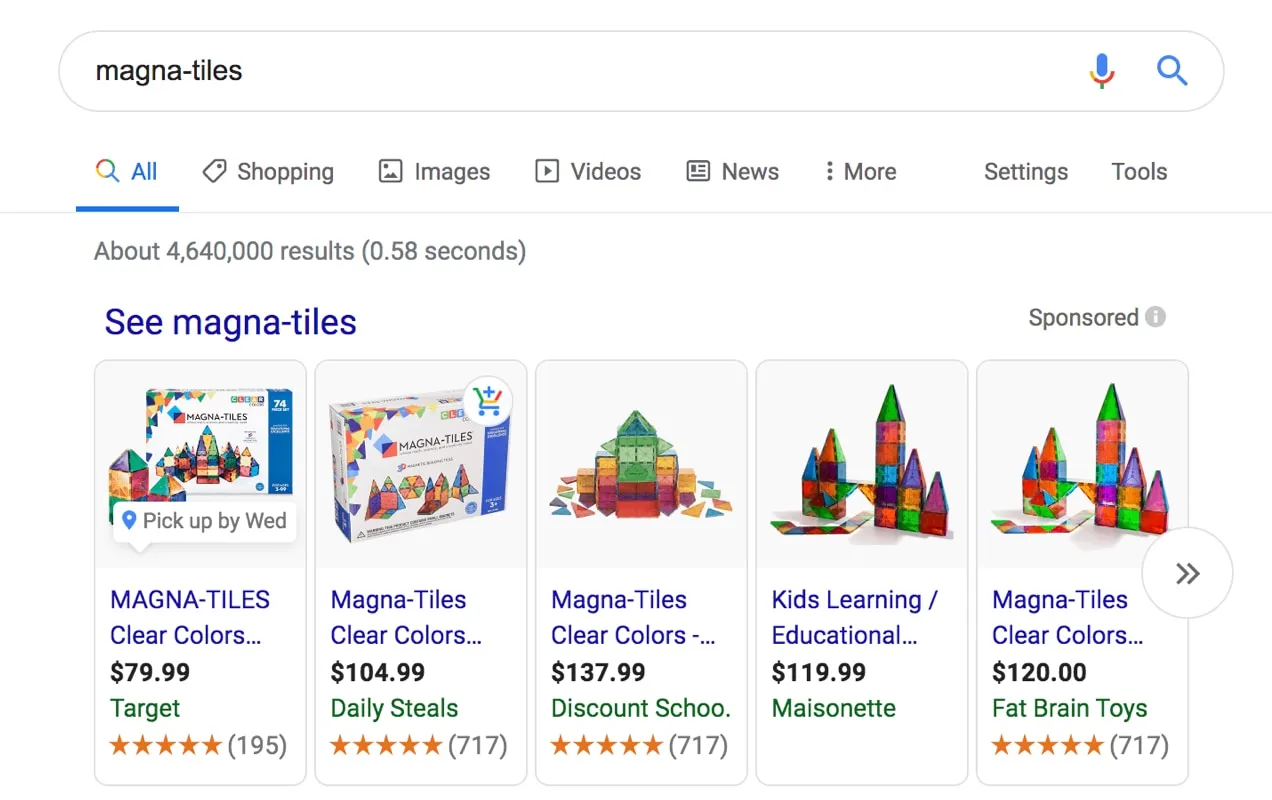 Produtos Magna-Tiles no Google