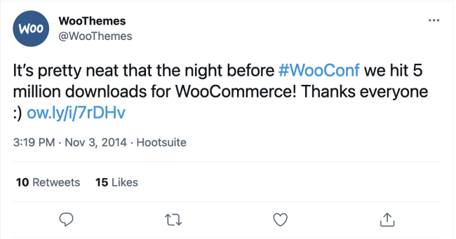 Un tweet de WooThemes célébrant les 5 millions de téléchargements de WooCommerce