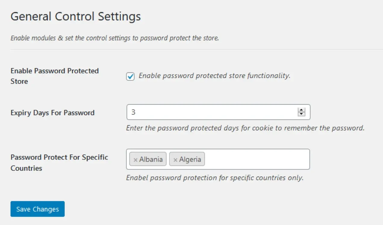 configuración en la extensión Categorías protegidas con contraseña