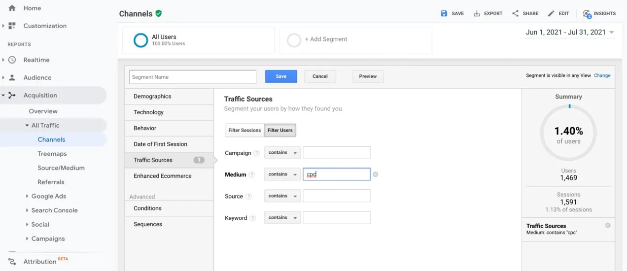 ecran care arată sursele de trafic în Google Analytics