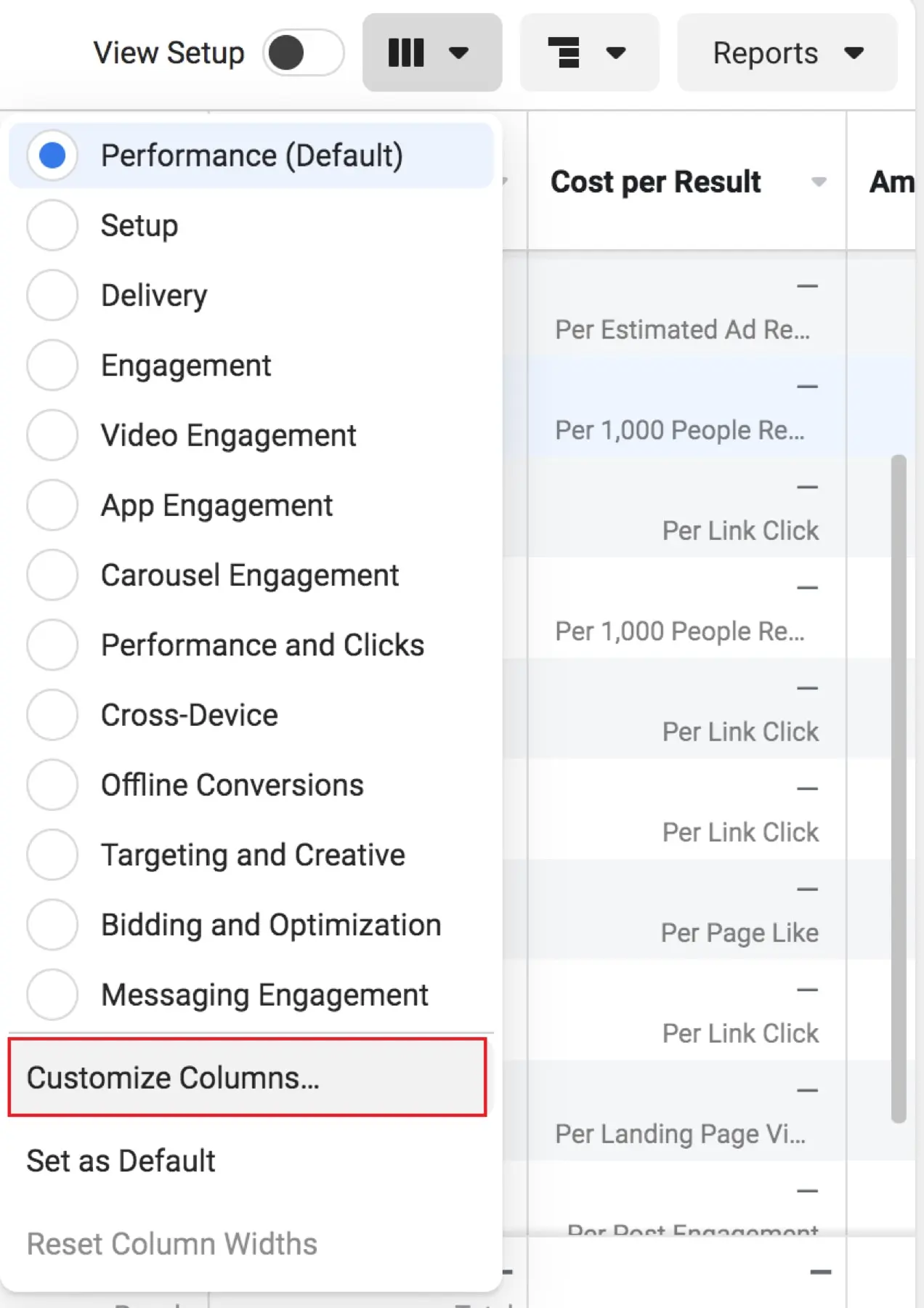 opciones para personalizar las columnas que se muestran en el panel de anuncios de Facebook