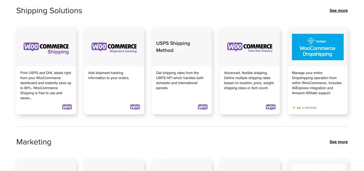 параметры, доступные в библиотеке расширений WooCommerce