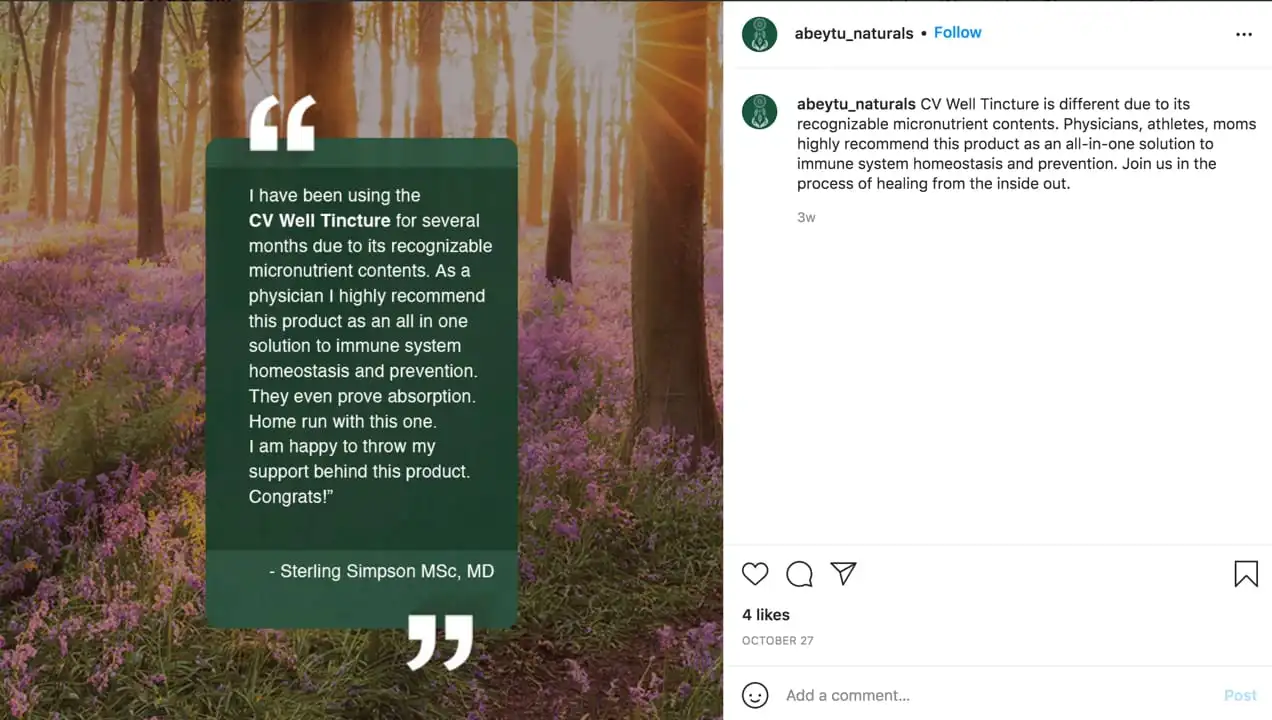 Publication Instagram d'Abeytu Naturals avec une critique