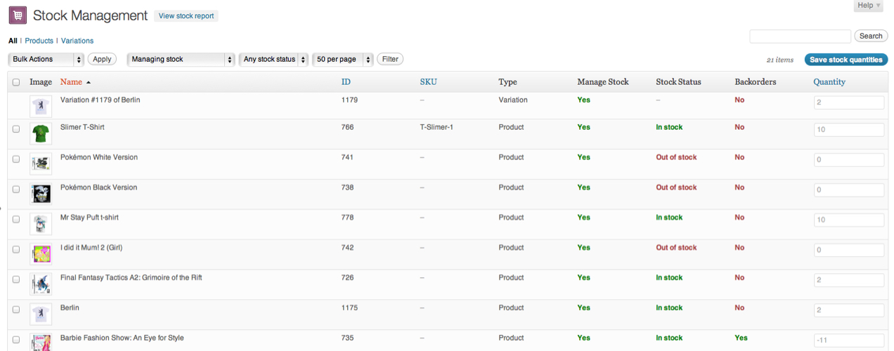 Tableau de bord de l'extension de gestion des stocks en vrac