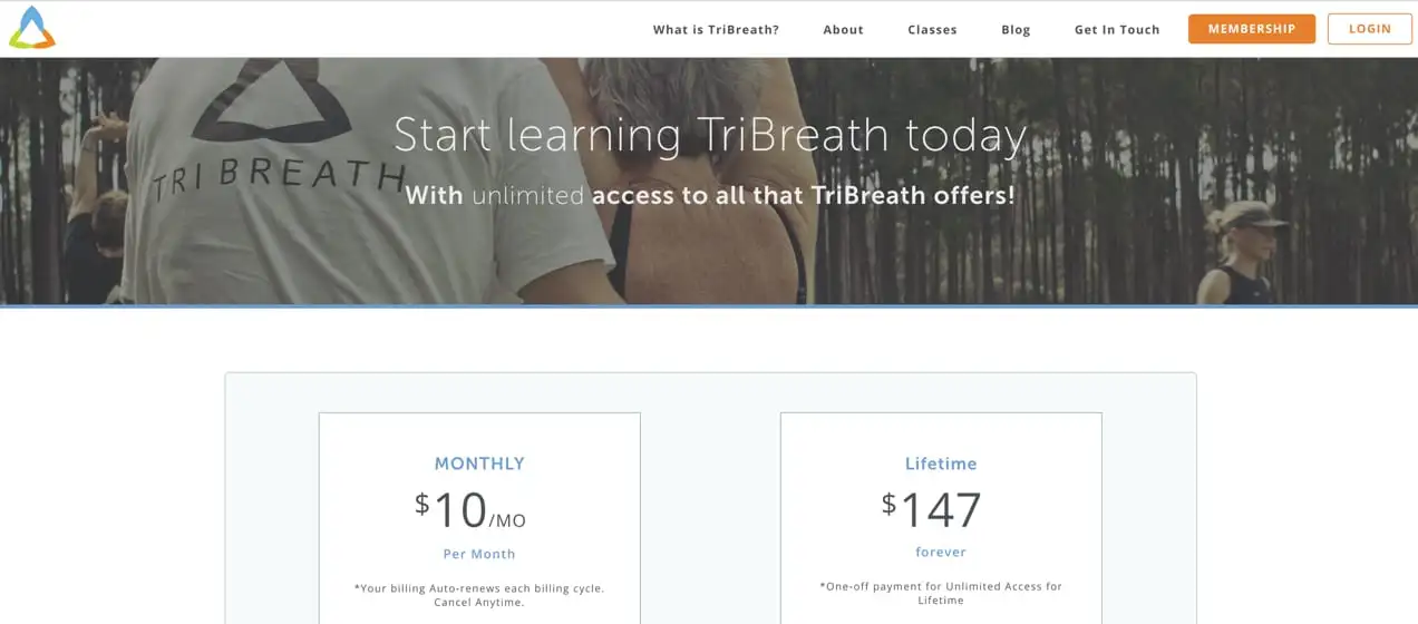 หน้า TriBreath อธิบายการสมัครสมาชิก