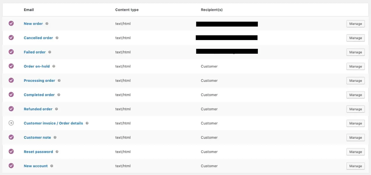 WooCommerce의 이메일 템플릿 목록