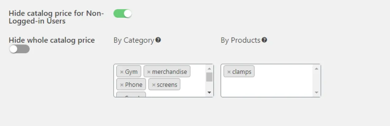 configurações para ocultar preços com base na função do usuário