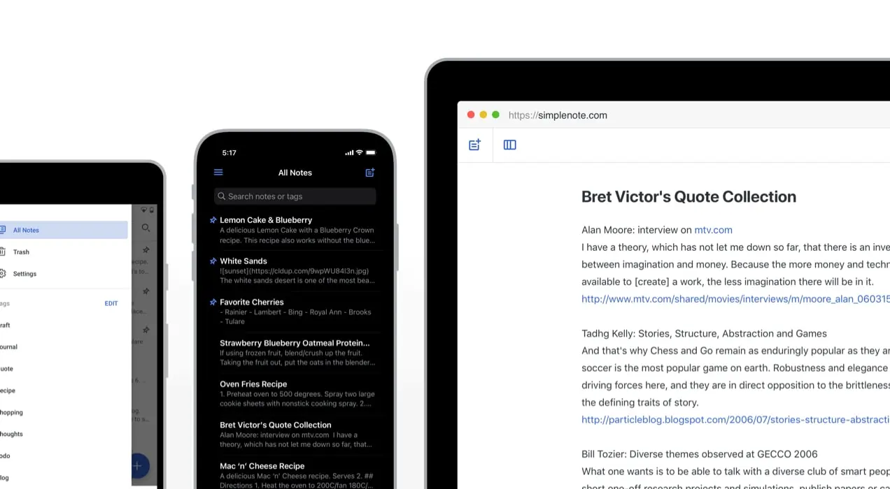 Simplenote просматривается на трех устройствах