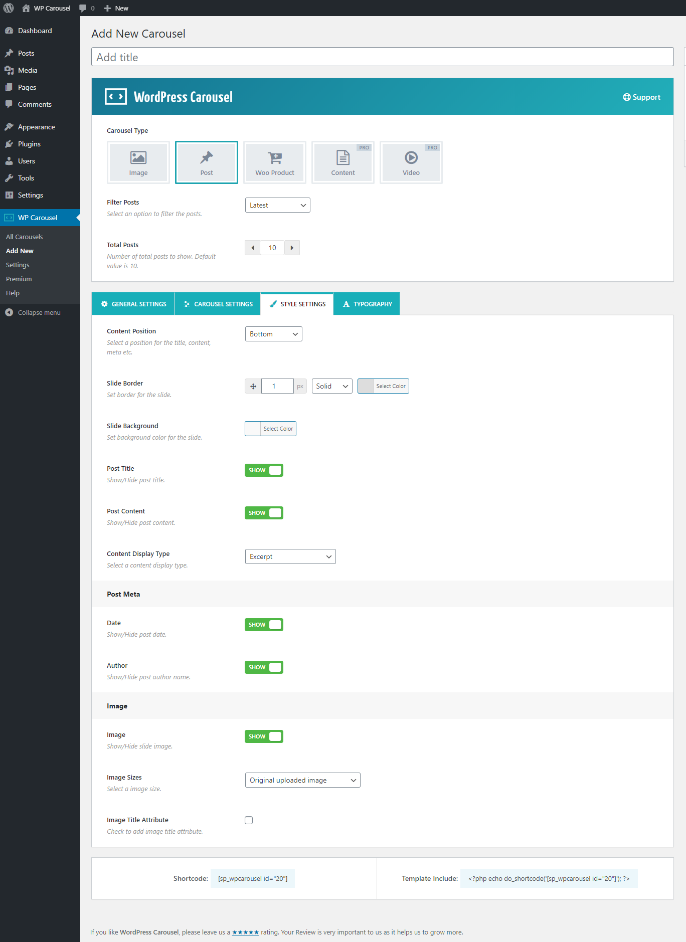 Carrusel de publicaciones (configuración de estilo)