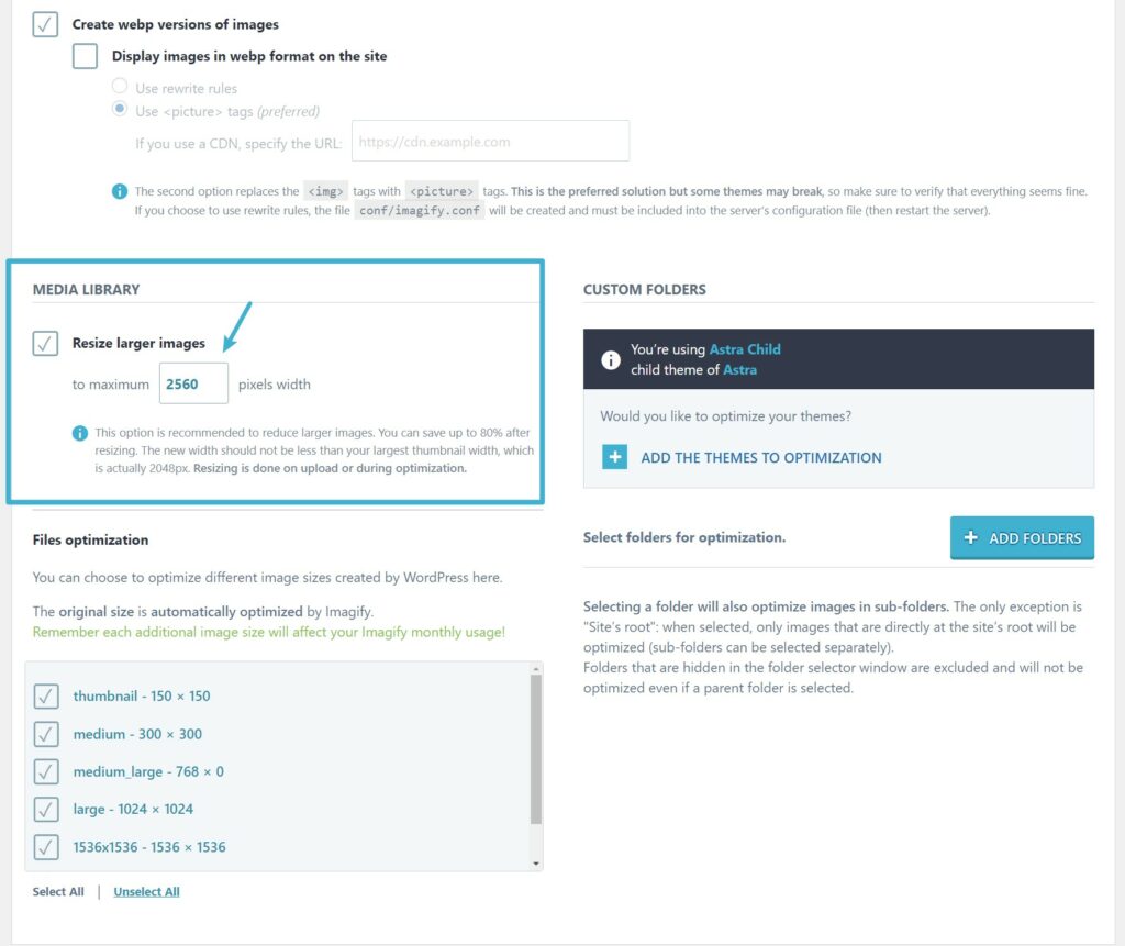 Cambiar el tamaño de la configuración de imágenes más grandes - Imagify