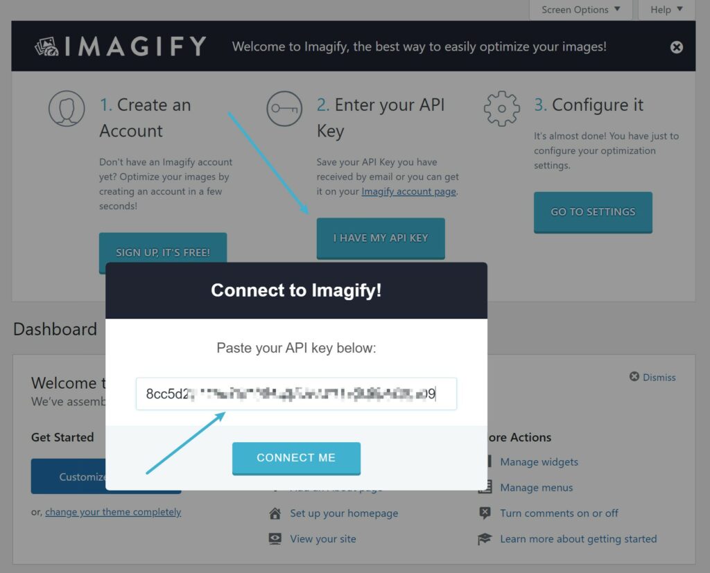 Instale o Imagify e cole sua chave de API