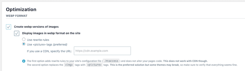 Conversione del formato Webp - Imagify dashboard