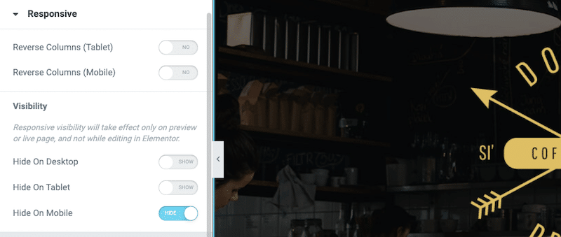 Адаптивная вкладка и раздел «Видимость» на мобильных устройствах — Источник: Elementor Website Builder