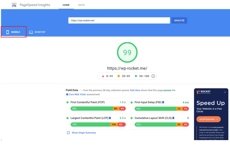 Mobil cihazlardan PageSpeed ​​Insights