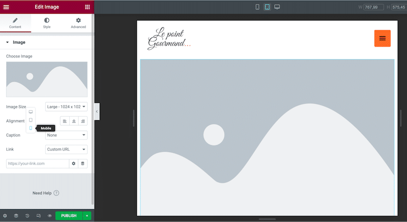 Exemple d'Elementor qui permet de choisir et de redimensionner son image en fonction de l'appareil - Source : Elementor page builder