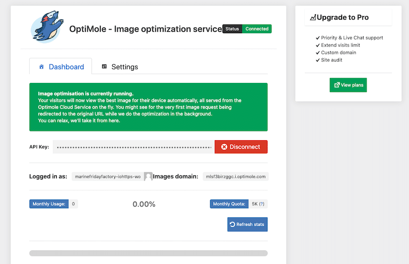 Панель управления и настройки — Источник: Optimole