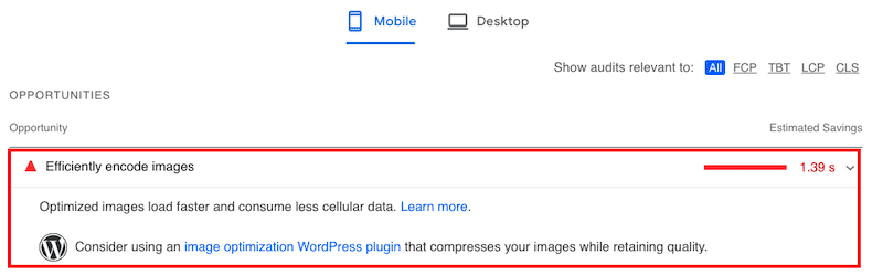 Проблема «Эффективно кодировать изображения» — Источник: PageSpeed ​​Insights