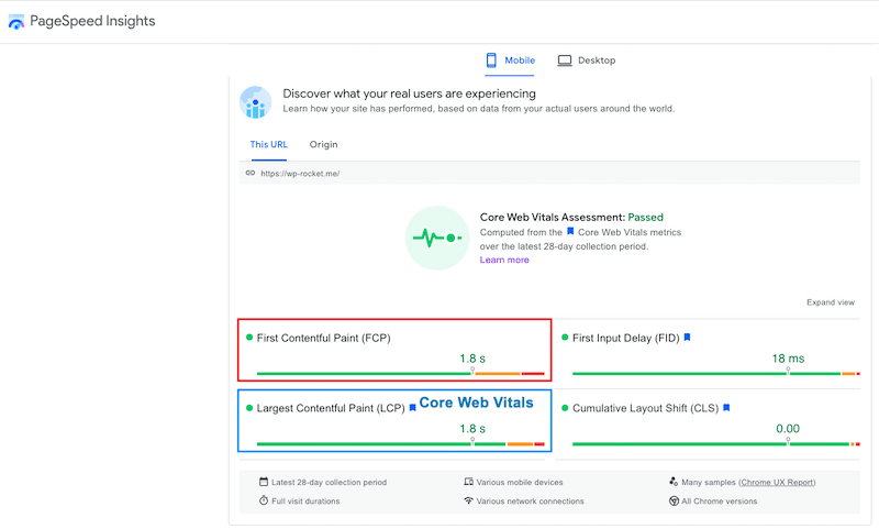 FCP y LCP afectados por las imágenes - Fuente: PageSpeed ​​Insights