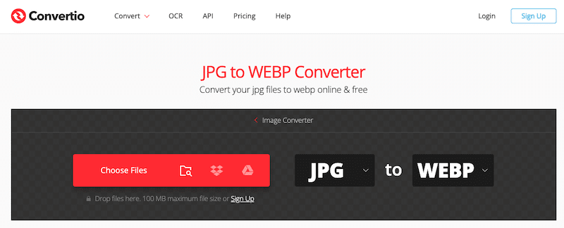 ตัวอย่างเครื่องมือบนเว็บเพื่อแปลง JPG เป็น WebP - ที่มา: Convertio