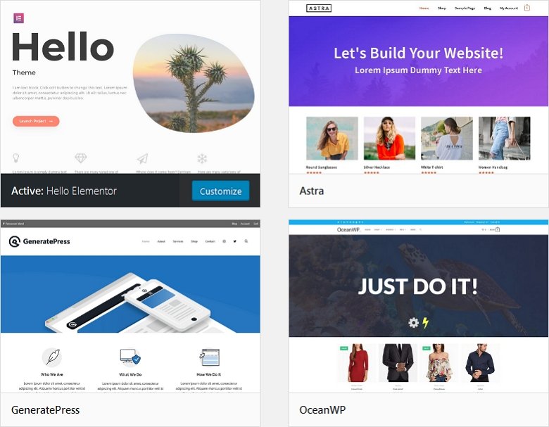 Лучшие темы для Elementor: Hello Elementor, Astra, OceanWP, GeneratePress