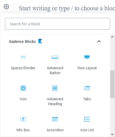 Beberapa blok yang ditawarkan plugin Kadence Blocks