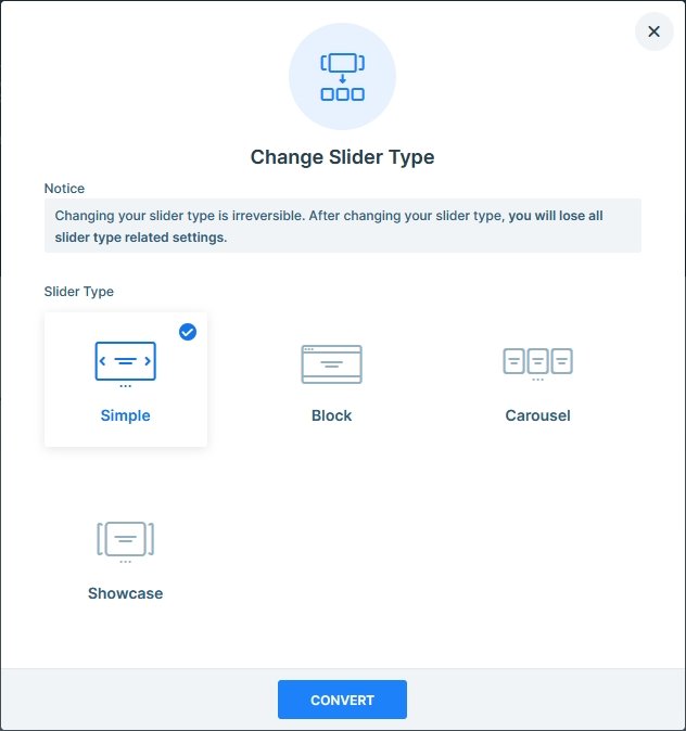 Tipos de control deslizante disponibles en Smart Slider: simple, bloque, carrusel y escaparate