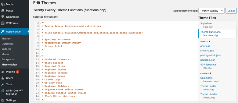 Modifica del functions.php del tema