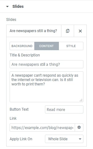 Opzioni di contenuto del dispositivo di scorrimento in Elementor