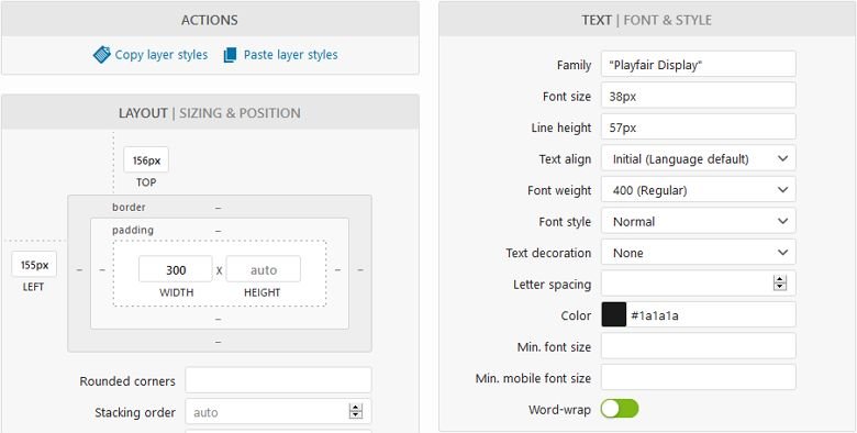 Opções de estilo do slider de camada