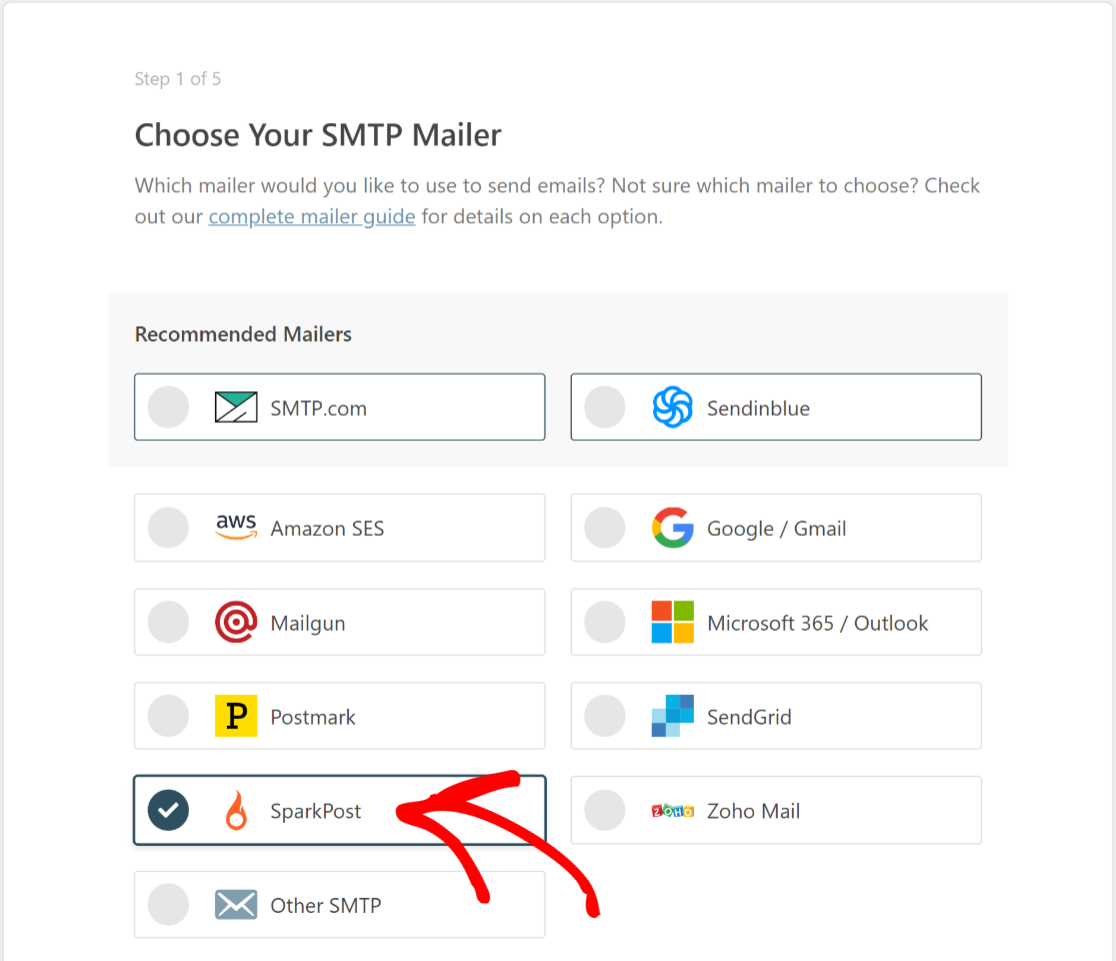 выберите sparkpost в качестве почтовой программы wp mail smtp