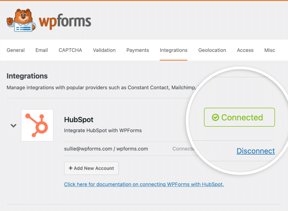 HubSpot conectado com WPForms