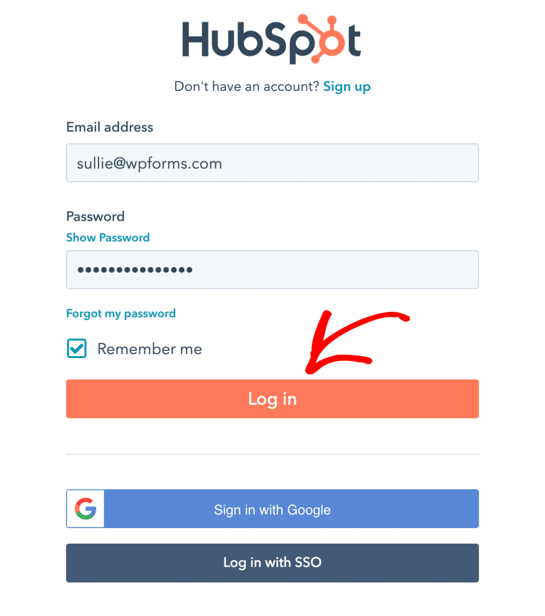 Formulário de login do HubSpot WPForms