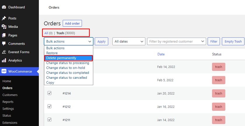 hapus pesanan woocommerce tempat sampah kosong