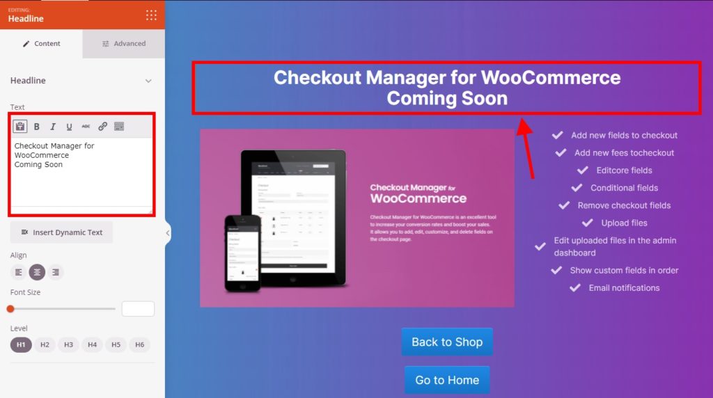 编辑标题创建 woocommerce 即将推出页面