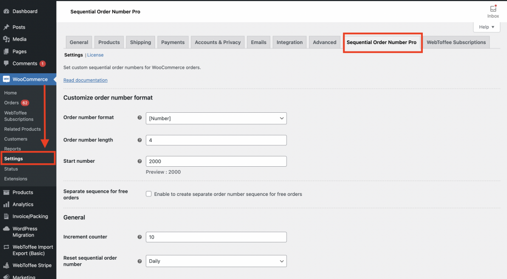 หน้าจอการตั้งค่าสำหรับ Sequential Order Numbers สำหรับ WooCommerce (ปลั๊กอินพรีเมียม)