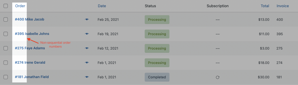 WooCommerce 訂單號不按順序排列的示例