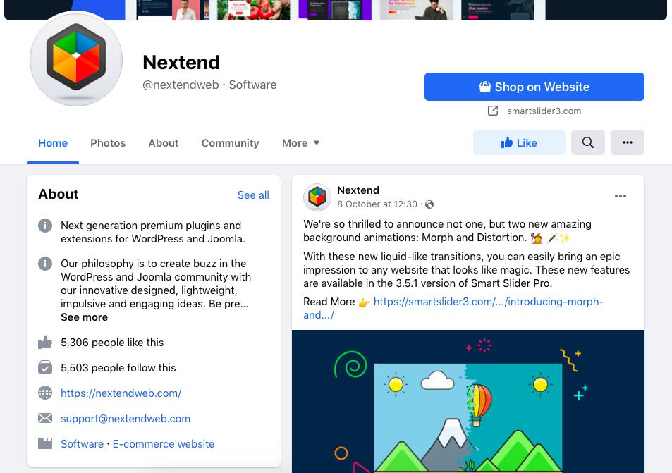 La page Facebook de Nextend