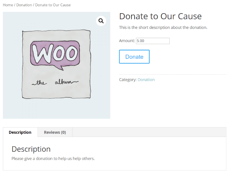 Widok frontonu darowizny skonfigurowany za pomocą wtyczki Potent Donations for WooCommerce