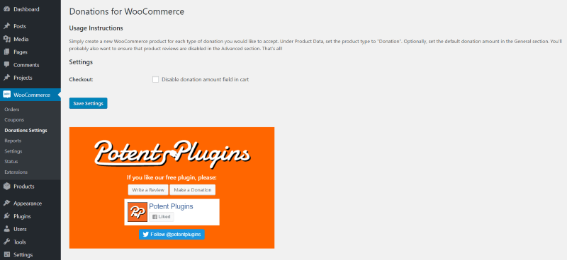 Instale Doações Potentes para WooCommerce WordPress Dashboard