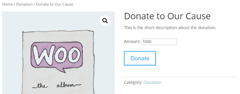 Visualização de front-end da doação configurada com o plug-in Potent Donations for WooCommerce