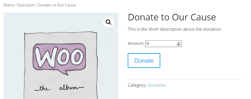 Visualização de front-end da doação configurada com o plug-in Potent Donations for WooCommerce