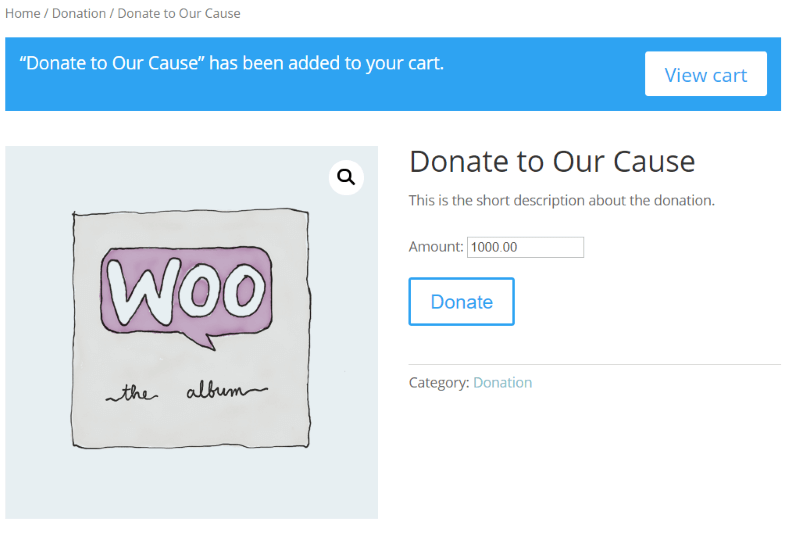 Widok frontonu darowizny skonfigurowany za pomocą wtyczki Potent Donations for WooCommerce